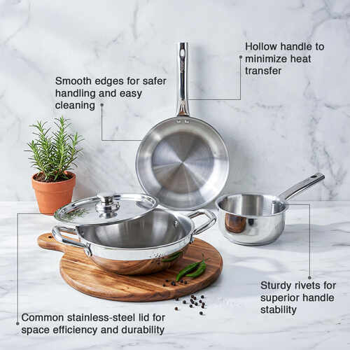 Prestige TRIPLY 4 Pc Cookware Set | TRIPLY Splendid | Fry Pan 22cm/1.2L | Kadai 22cm/2.1L | Saucepan 14cm/1L | SS Lid 24cm | Gas & Induction Compatible | Even Heat Distribution | 15Y Warranty | ISI
