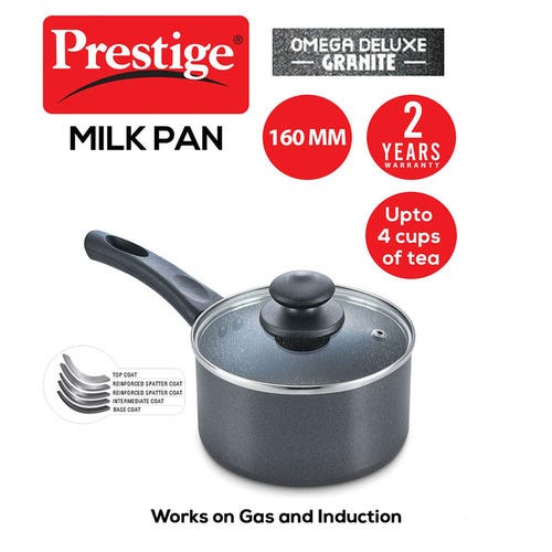 Prestige Omega Deluxe Granite Non-stick Round Base Milk Pan with Glass Lid (Black)