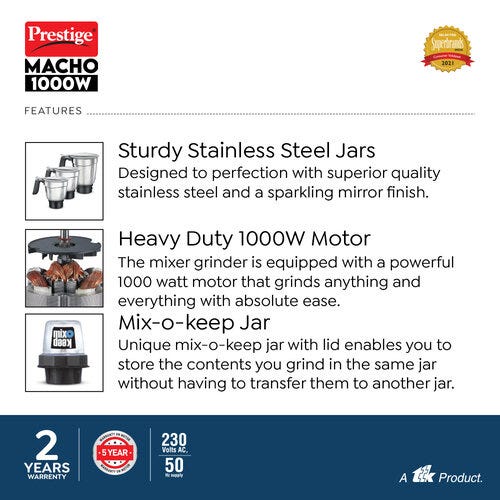 Prestige 1000 Watts Macho Mixer Grinder with 4 Jars (3 Stainless Steel Jars + 1 Juicer Jar)| Multi-Utility Jar| Mix-O-Keep Jar| Kneader & Chopping Blades| Stainless Steel Body| Silver & Black