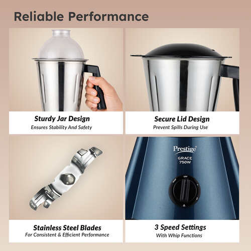 Prestige 750 Watts Grace Mixer Grinder with 3 Stainless Steel Jars|3 Super Efficient Blades|Sturdy Handles|Dome Shaped Lid|Blue & Black
