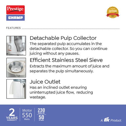 Prestige 550 Watts Champ Juicer Mixer Grinder with 3 Jars (2 Stainless Steel Jars + 1 Juicer Jar)| Detachable Pulp Collector| Stainless Steel Sieve| Double Lock System|White