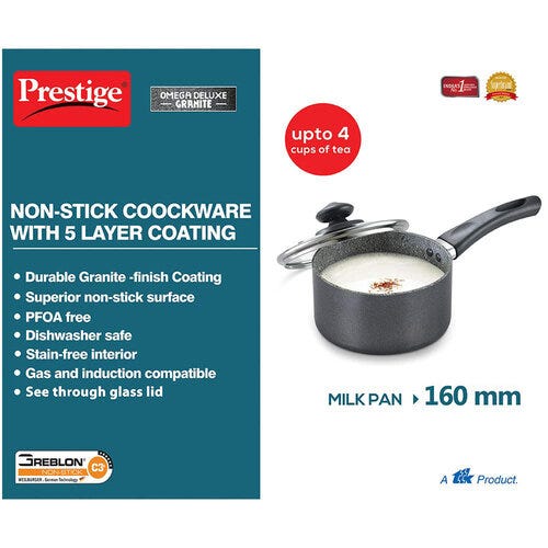 Prestige Omega Deluxe Granite Non-stick Round Base Milk Pan with Glass Lid (Black)