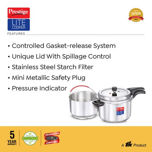Prestige Lite Cooke Svachh Stainless Steel Spillage Control Pressure Cooker with Starch Filter (Silver)