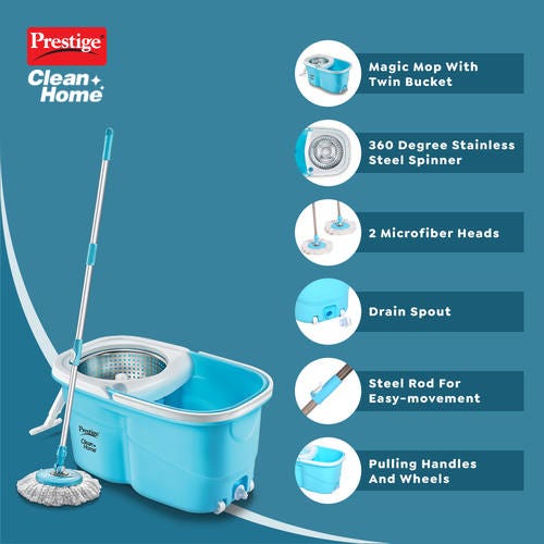 Prestige CleanHome Maxima 02 SS Magic Mop with 2 Mop-heads and Twin Buckets (Blue)