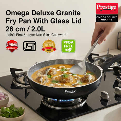 Prestige Omega Deluxe Granite Non-stick Round Base Fry Pan with Glass Lid, 26cm, 2.1L (Black)
