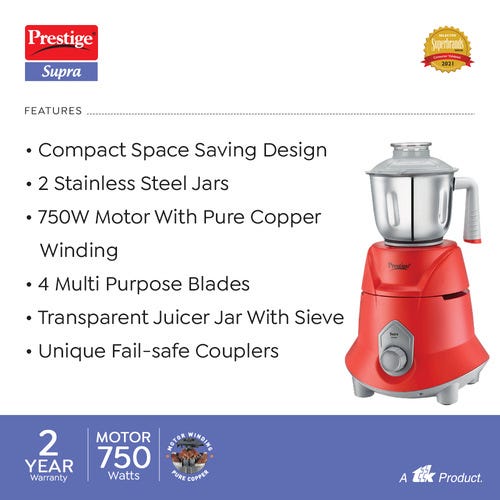 Prestige Supra 750 W Mixer Grinder, 3 Jars (1500 ml, 1500 ml, 300 ml) (Red, Silver)