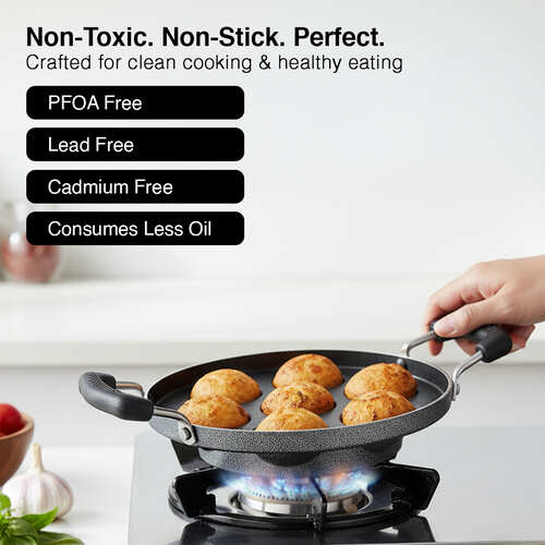 Prestige Omega Select Plus Teflon Coating Residue-free Cooking Round Base 7 Pits Paniyarakkal 20 cm (Black)