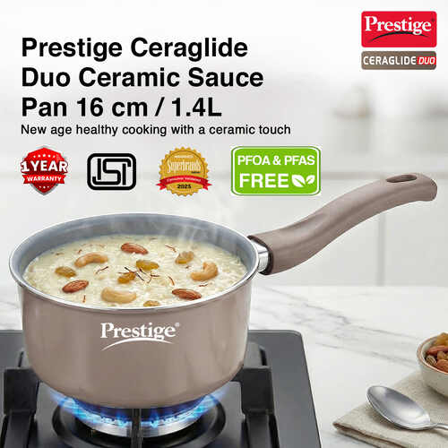 Prestige Ceraglide Duo Ceramic Coating Non Stick Aluminium Cookware Sauce Pan with Glass Lid