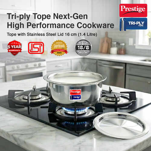 Prestige 16cm/1.4L Tri-Ply Stainless Steel Tope with Lid|Gas and Induction Compatible| Even Heat Distribution|Strong and Durable| 5 Years Warranty