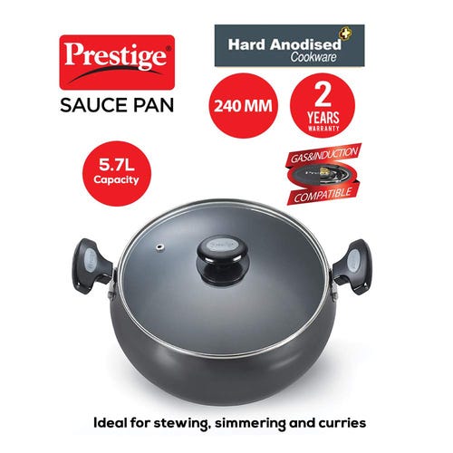 Prestige Hard Anodised Plus Gas and Induction Compatible Sauce Pan with Glass Lid, 24cm (Black)