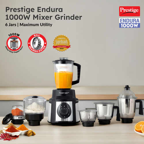 Prestige Endura 1000 W Mixer Grinder, 6 Jars (1500 ml, 1000 ml, 1500 ml, 450 ml) (Black, Silver)