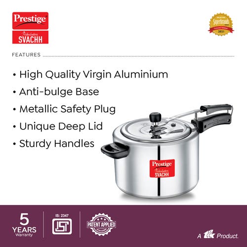 Prestige Nakshatra Svachh Aluminium Inner Lid Pressure Cooker with Unique Deep Lid for Spillage Control, Silver