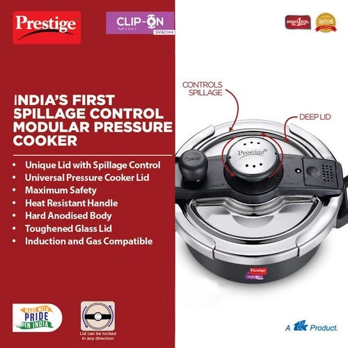 Prestige Clip-on Mini Svachh Hard Anodised Pressure Cooker with Glass Lid, (Black and Silver)