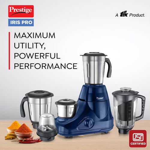 Prestige Astra 750 Watt Mixer Grinder with 5 Jars (3 Stainless Steel + 1 Juicer + 1 Mix-O-Keep) | Space-Saving Stacking Design | Blue | 2Y Warranty | ISI Certified