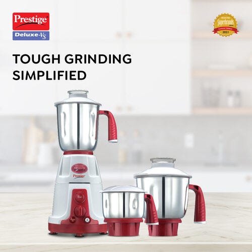 Prestige 750 Watts Deluxe-VS Mixer Grinder with 3 Stainless Steel Jars| Flow Breaker Design| Cord Winding Storage| Sturdy Handles| Red and White