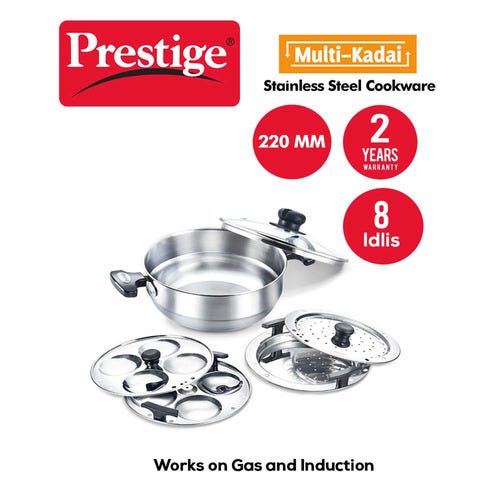 Prestige Stainless Steel Induction Base Multi-Kadai with Glass Lid (Dhokla Plate, Patra Plate, Idli Plates), (Silver)
