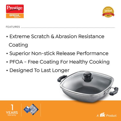 Prestige Omega Select Plus Aluminium Non-stick Coating Square Base Kadai with Glass Lid, (Black)