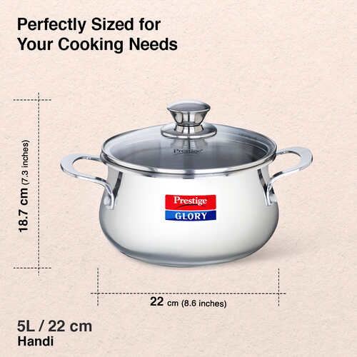 Prestige Glory Stainless Steel Cookware Handi 22 Cm / 5.0 L With Glass Lid