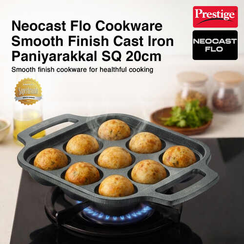 Prestige Cast Iron Paniyarakkal/Appe Patra 9 pit | Ferrocast Flo | Non-Stick | Gas & Induction Compatible | Chemical Free | Preseasoned | Sturdy Handle | Healthy Eating | Lifetime Warranty