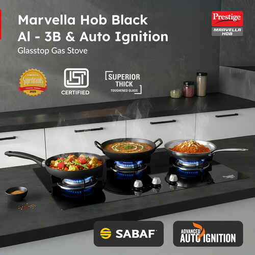 Prestige Marvella 3 Burner Hob | Auto Ignition | Toughened Glass Top | SABAF Burners | Sturdy Pan Support | Ultra Slim Body | Ergonomic Knob | Black | 5Y Glass Warranty