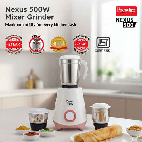 Prestige 500W Nexus Mixer Grinder with 3 Stainless Steel jars|1200ml Wet Jar,800ml dry jar, 400ml chutney jar|3 Super-efficient Blades|3 motor setting|Sturdy Handles |2 Yrs Warranty|White & Rose Gold