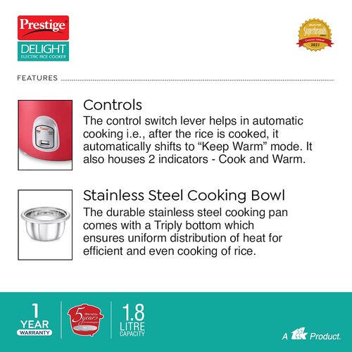 PRESTIGE DELIGHT ELECTRIC RICE COOKER PROK 1.8 SS (SILKY RED) (1.8L OPEN TYPE, WITH STAINLESS STEEL COOKING PAN -1 UNIT)