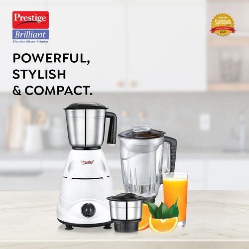 Prestige Brilliant 500W Blender Mixer Grinder, with Accessories - Stainless Steel Jars 2 Unit And Juicer Jar 1 Unit