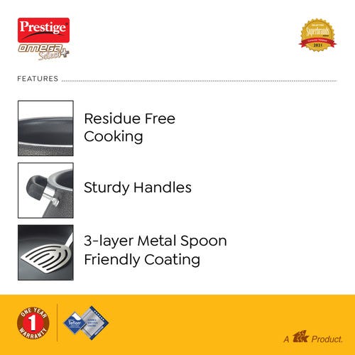 Prestige Omega Select Plus Teflon Non-stick Coated Handi with Stainless Steel Lid and Scrubber for Non-Stick Cookware, (Black)