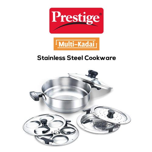 Prestige Stainless Steel Induction Base Multi-Kadai with Glass Lid (Dhokla Plate, Patra Plate, Idli Plates), (Silver)