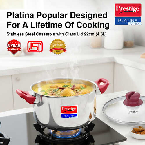 Prestige Platina Popular Stainless Steel Unique Impact Forged Bottom Casserole with Glass Lid, 22cm (4.6 L) (Silver)