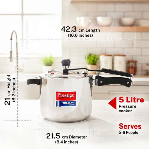 Prestige 5 L Tri-Ply Svachh Inner Lid Pressure Cooker| Gas and Induction Compatible| Spillage Control| Even Heat Distribution| Low Cooking Oil| Faster Cooking| 5 Years Warranty| Silver