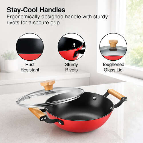 Prestige Castlite Enamel Coated Cast Iron Kadai 24cm/ 2.3L with Glass Lid | Lightweight, High Heat Retention | Gas & Induction Compatible | Low-Oil Cooking | Wooden Handles | Easy Clean |15Y Warranty