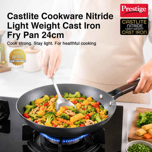 Prestige Castlite Nitride Cast Iron Fry Pan 24cm/1.5L | Lightweight, High Heat Retention & Rust-Proof | Gas & Induction Compatible | Low-Oil Cooking | Stay-Cool Handle | Chemical-Free | 15Y Warranty
