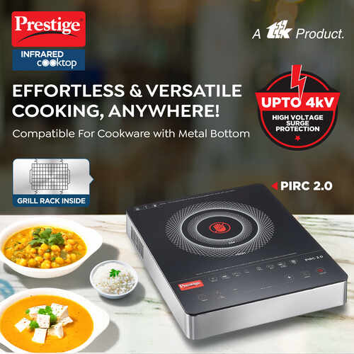 Prestige PIRC 2.0 2000 Watts Infrared Dual Heating Zone Cooktop |High Voltage Surge Protection| Dual Heat Mode| Radiant Heating Technology| Feather Touch Buttons| Stainless Steel| Portable