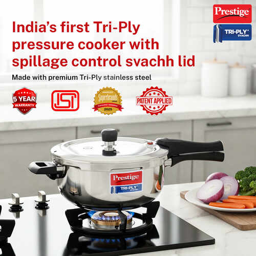 Prestige Svachh Triply Outer Lid Pressure Cooker with Unique Deep Lid for Spillage Control, 3.5 Litre, Silver