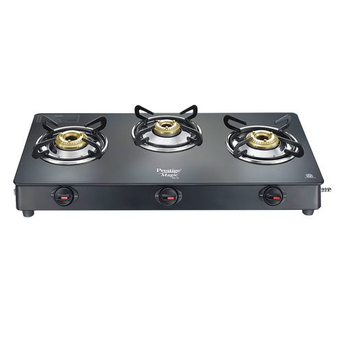 Prestige Magic Plus LP Gas Stove GTMP-03 (With Powder-Coated Body, Glass Top and 3 Brass Burners)