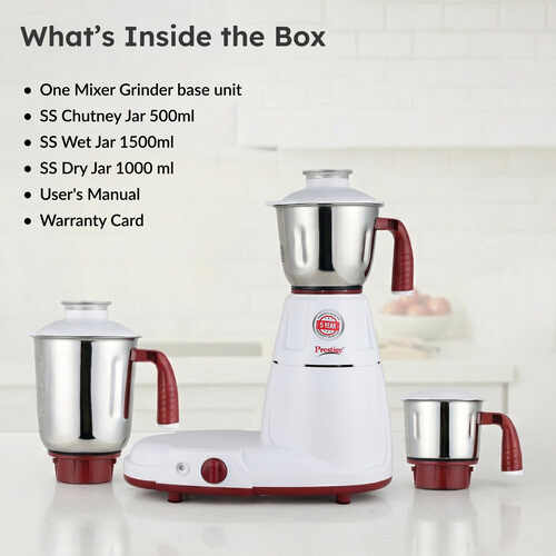 Prestige 750 Watts Deluxe LS Mixer Grinder with 3 Stainless Steel Jars| Unique Fail Safe Coupler| Flow Breaker Design| Cord Winder Storage| Red and White