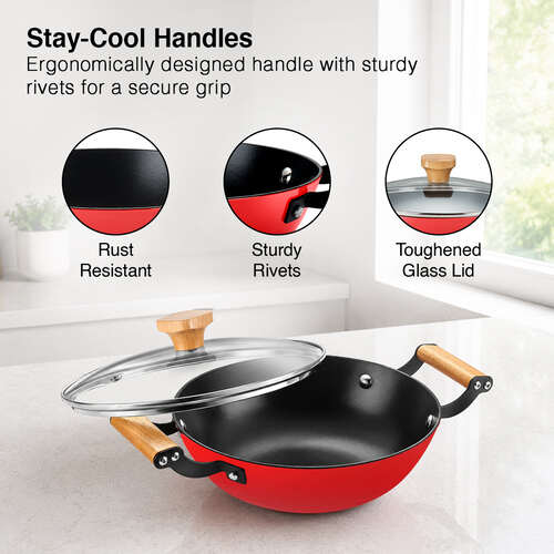 Prestige Castlite Enamel Coated Cast Iron Kadai 20cm/ 1.4L | Lightweight, High Heat Retention | Gas & Induction Compatible | Low-Oil Cooking | Stay-Cool Wooden Handles | Easy Clean | 15Y Warranty
