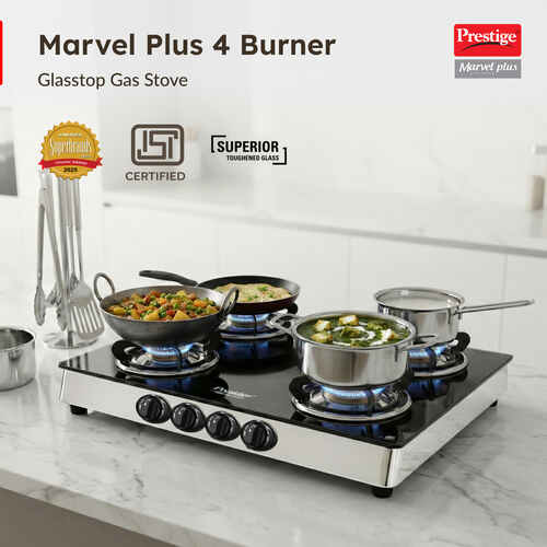 Prestige Marvel Plus GTM 04 SS Plus Manual Stainless steel 4 Burners Gas Stove, Black