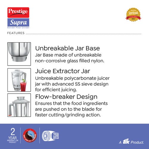 Prestige 750 Watts Supra Blender Mixer Grinder with 3 Jars (2 Stainless Steel Jars + 1 Juicer Jar)|Compact Design| Flow Breaker Design| 2 Years Warranty