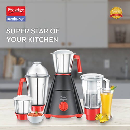 Prestige 750 Watts Nakshatra Super Mixer Grinder with 4 Jars (3 Stainless Steel Jars + 1 Juicer Jar)| Sturdy Handles| Juicer Jar with Sieve|Red and Black