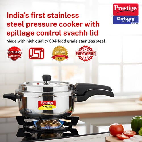 Prestige Deluxe Alpha Svachh Stainless Steel Pressure Cooker with Spillage Control Deep Lid - Silver