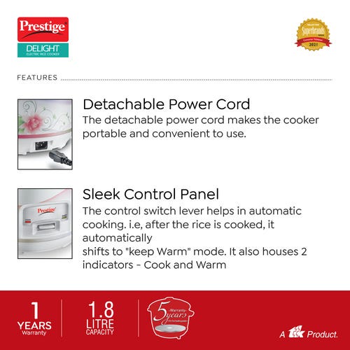 Prestige Delight PRCK Electric Rice Cooker Closed Type (White)