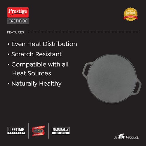 Prestige Cast Iron Scratch Resistant Round Base Dosa Tawa 30 cm, (Black)