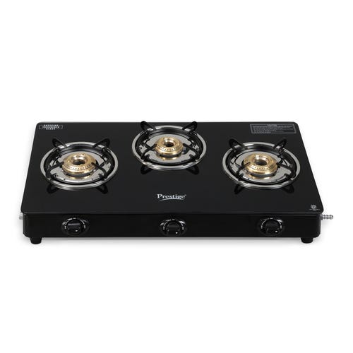 Prestige Iris Plus 3 Burner Auto Ignition Gas Stove | Toughened Glass Top | Tri-Pin Brass Burners | Ergonomic Knob | Black | 2Y Warranty | ISI Certified