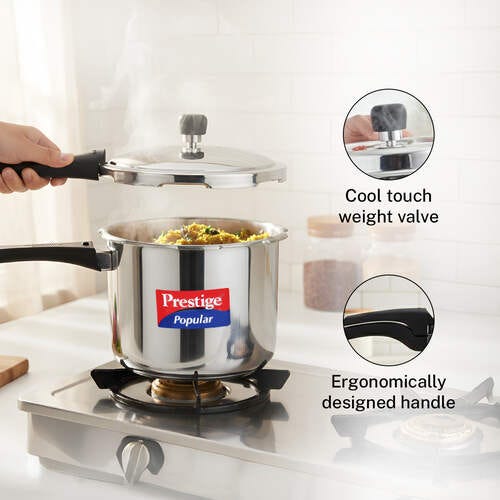Prestige 3 Litre Stainless Steel Popular Outer Lid Pressure Cooker | TRIPLY Base | Gas & Induction Compatible | Gasket Release System | Metallic Safety Plug | 5Y Warranty | ISI Certified