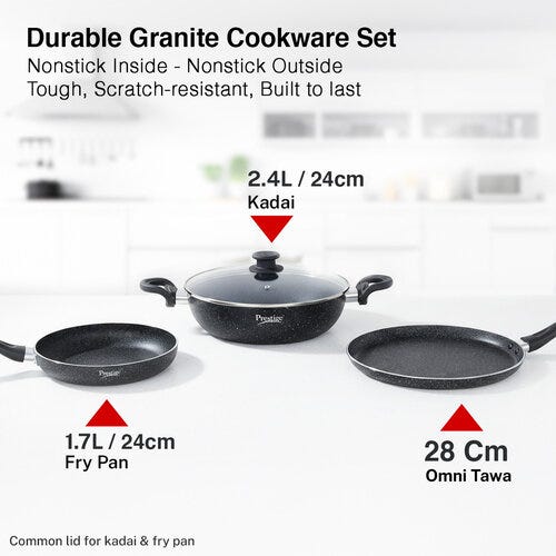 Prestige Svachh Granite Non-Stick 3-Piece Set Cookware |Dual Non-Stick Delight|Omni Tawa -28cm Dia, Kadai with GlassLid -24cm Dia, Fry Pan -24cm Dia|Gas and Induction Compatible|Metal Spoon Friendly