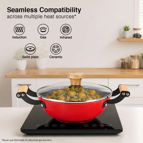 Prestige Castlite Enamel Coated Cast Iron Kadai 24cm/ 2.3L with Glass Lid | Lightweight, High Heat Retention | Gas & Induction Compatible | Low-Oil Cooking | Wooden Handles | Easy Clean |15Y Warranty
