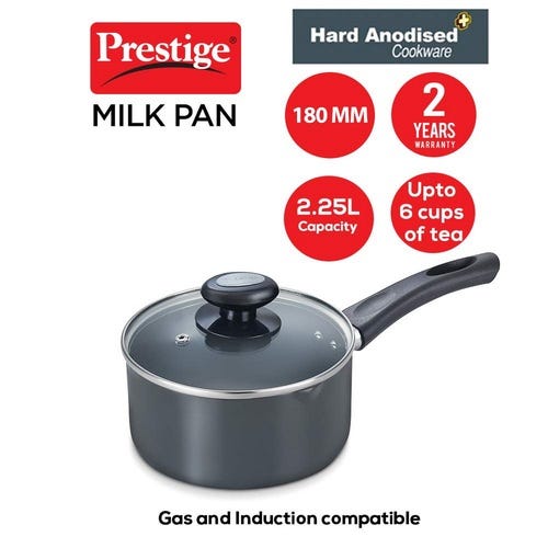 Prestige Hard Anodised Plus Gas and Induction Compatible Milk Pan with Glass Lid, 18cm, 2.25 L (Black)