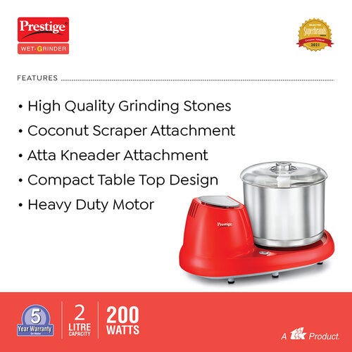 Prestige PWG 11 Red Wet Grinder With Atta Kneader and Coconut Scraper Attachments, 2L, 200 W